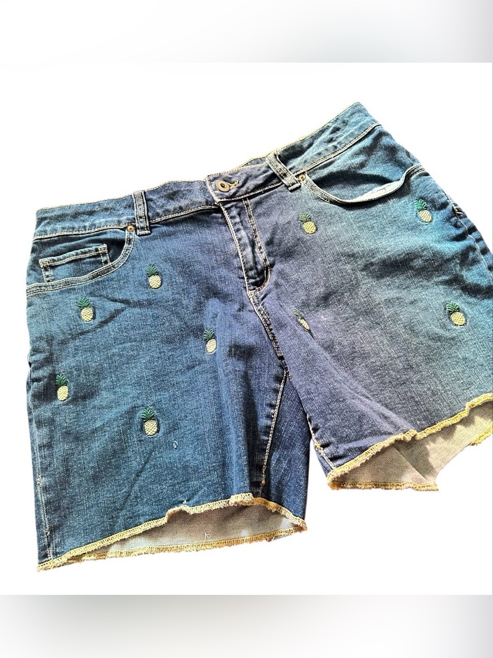 Faded Glory Blue Denim Shorts with Pineapple Embroidery